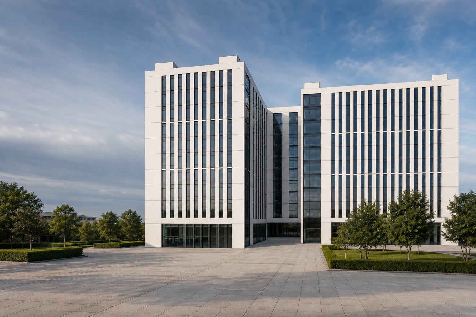 Industrial office and factory exterior with a landscaped forecourt