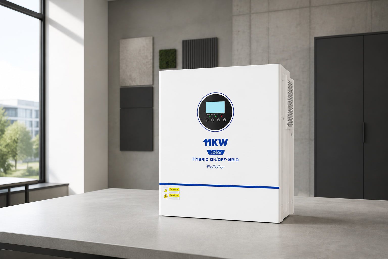AMPEXE MPPT solar inverter displayed with empty ports in a contemporary project planning studio