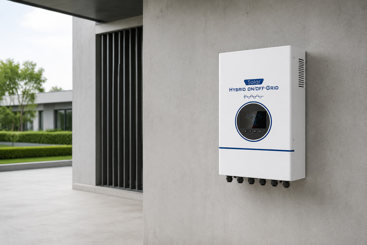 AMPEXE IP66 hybrid inverter displayed with empty ports on a sheltered exterior utility wall