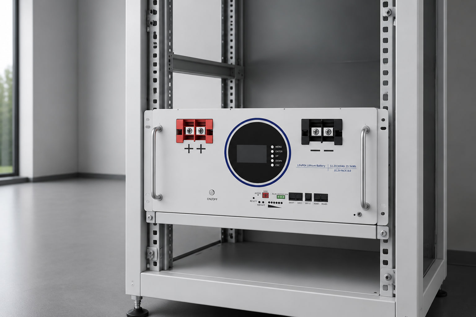 AMPEXE rack-mounted lithium battery positioned fully disconnected in an organized open energy rack.