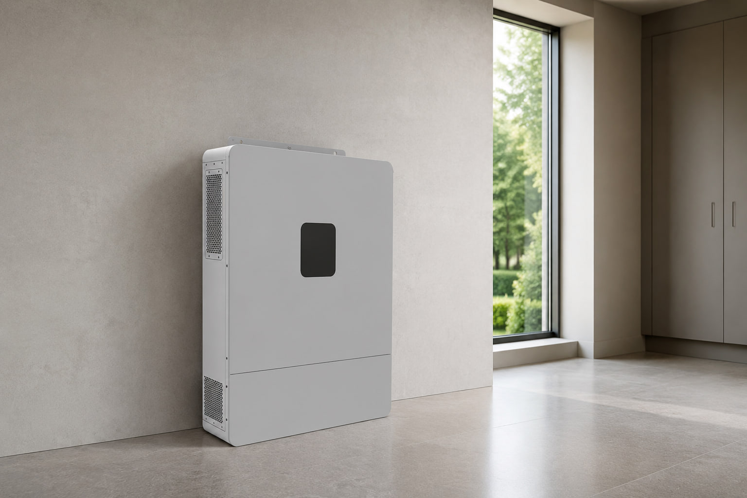 AMPEXE split and single-phase storage inverter displayed unconnected in a premium residential utility room